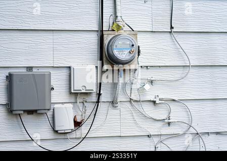 Electrical boxes outside on side of building rusting, damaged and ...