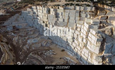 Aerial panorama of marble quarries in Burdur, Turkey. Marble quarry top view. Marble quarry in high altitude mountains. Stock Photo