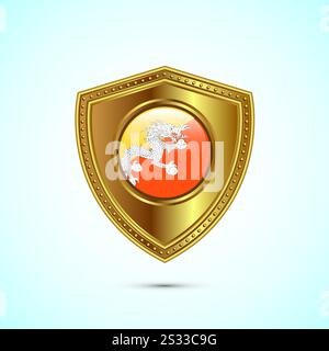 Rounded flag of Bhutan with glossy gold shield Stock Vector