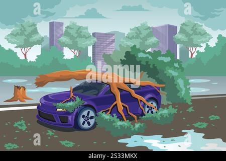 A vector illustration of Tree Falling on a Car Accident Stock Vector
