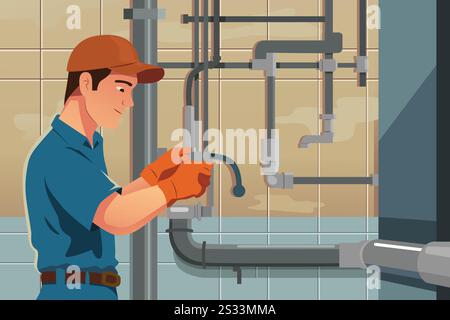 A vector illustration of Plumber Working on Plumbing Stock Vector
