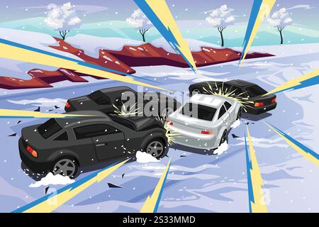 A vector illustration of Multiple Cars Accident on Icy Winter Road Stock Vector