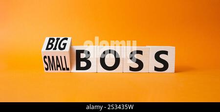 Big vs small boss symbol. Turned wooden cubes with words Small boss and Big boss. Beautiful orange background. Business concept. Copy space. Stock Photo