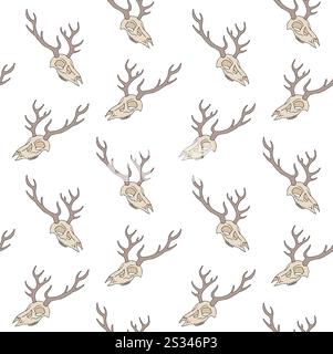 Vector seamless pattern of hand drawn sketch doodle colored deer skull isolated on white background Stock Vector