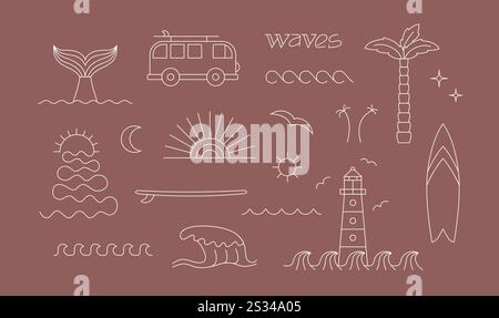 Retro style, bohemian, hippie linear surfing, ocean, sea, freedom badge, icon, design. Simple geometric surf camp, t shirt, sticker vector Stock Vector