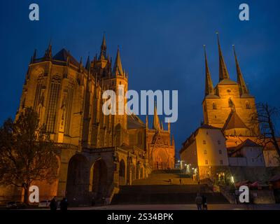 St. Mary's Cathedral and St. Severi Church at night, Erfurt, Thuringia, Central Germany, Eastern Germany, Germany, Europe Stock Photo