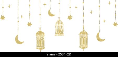 Ramadan Kareem strings, garlands with lights. Hanging hand drawn golden glittering Moroccan lanterns. Moon and stars. Islamic party decoration web Stock Vector