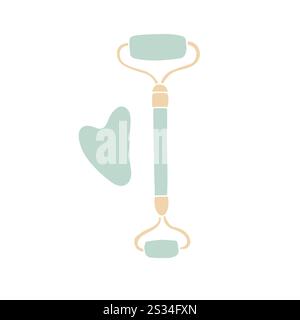 Vector hand drawn doodle sketch colored gua sha face massage roller isolated on white background Stock Vector