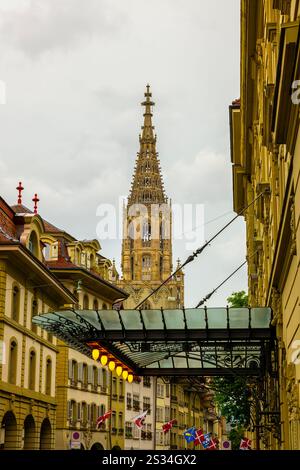 Beautiful Münster Cathedral of St. Vincent with Tower and Sky in City of Bern, Canton Bern, Switzerland. Stock Photo