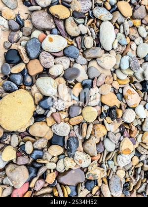 close up of multi coloured pebbles on the stony beach at Blyth South Beach Northumberland UK background image Stock Photo