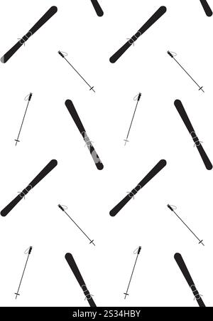 Vector seamless pattern of black flat cartoon skiing isolated on white background Stock Vector