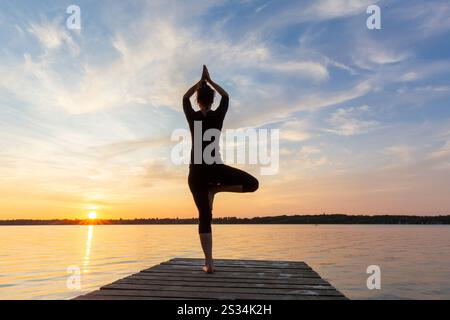 Woman doing yoga exercises on a jetty by the lake, yoga tree figure, Schleswig-Holstein, Germany Stock Photo