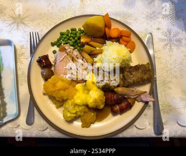 A delicious and colorful Christmas dinner plate with turkey, stuffing, mashed potatoes, and various vegetables on a festive tablecloth Stock Photo