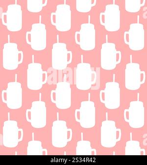 Vector seamless pattern of white hand drawn smoothie jar cup silhouette isolated on pink background Stock Vector