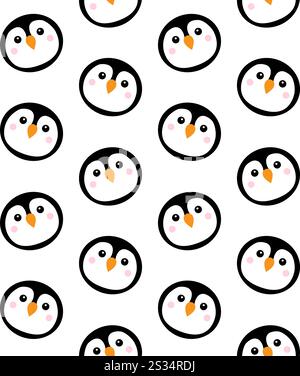 Vector seamless pattern of flat cartoon round penguin face isolated on white background Stock Vector