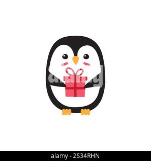 Vector flat cartoon doodle hand drawn penguin with present isolated on white background Stock Vector