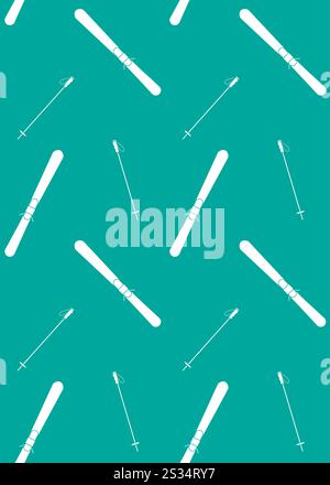 Vector seamless pattern of white flat cartoon skiing isolated on mint background Stock Vector