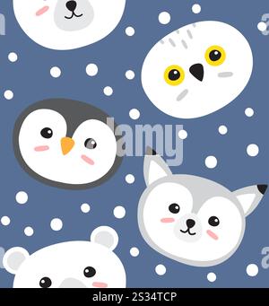 Vector seamless pattern of flat cartoon doodle polar wild animals isolated on blue background Stock Vector