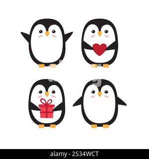 Vector set bundle of colored hand drawn doodle flat cartoon penguin isolated on white background Stock Vector