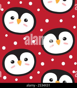 Vector seamless pattern of flat doodle colored penguin face isolated on red background Stock Vector