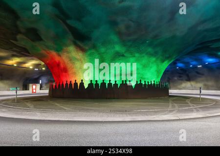 Underwater roundabout in the Eysturoy Tunnel in the Faroe Islands connecting the islands of Streymoy and Eysturoy. Stock Photo