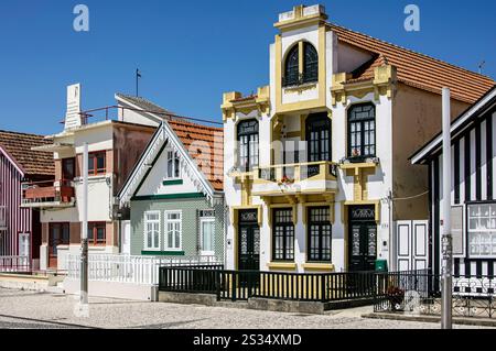 Colorful houses on Avereio Beach on the Costa Nova, Portugal Stock Photo