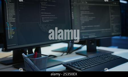 Computers in data center facility used for managing rackmounts energy consumption. PCs in high tech establishment used for automation and monitoring processes in server room, close up Stock Photo