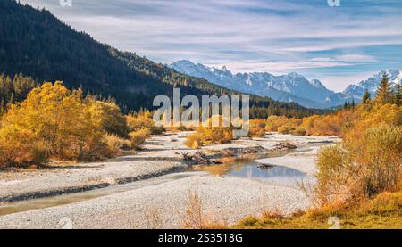 On the Isar between Wallgau and Vorderriß with a view of the Wetterstein Mountains, Upper Bavaria, Bavaria, Germany, Europe Stock Photo