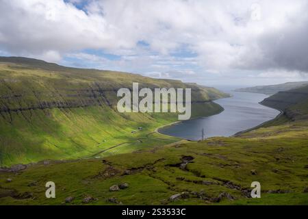 Aerial panoramic view over Kaldbaksbotnur, typical Faroese landscape. Stock Photo