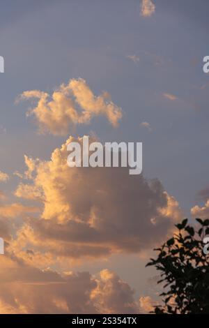Large, Dense Clouds Turn Yellow and Grey in the Early Morning Sunlight, Filling the Sky. Stock Photo