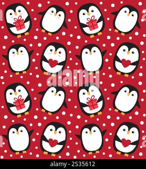 Vector seamless pattern of hand drawn doodle flat cartoon penguin isolated on red background Stock Vector