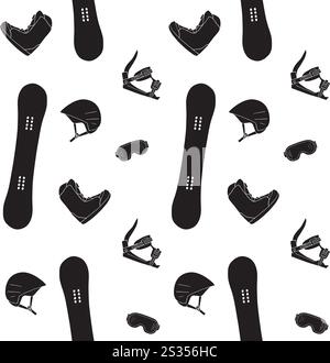 Vector seamless pattern of black hand drawn doodle sketch snowboard equipment isolated on white background Stock Vector