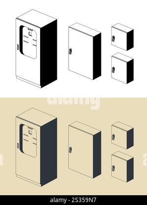 Electrical panels of different sizes illustrations. Industrial equipment and engineering Stock Vector