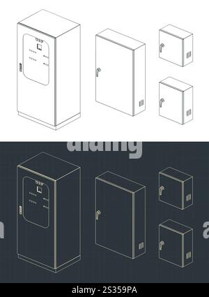 Electrical panels of different sizes blueprints. Industrial equipment and engineering Stock Vector