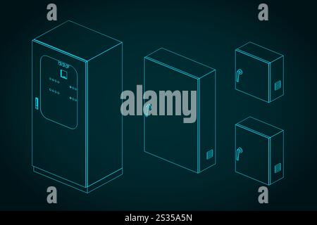 Electrical panels of different sizes blueprints. Industrial equipment and engineering Stock Vector