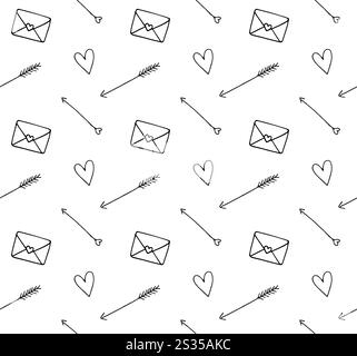 Vector seamless pattern of Valentine’s Day hearts arrows and letters isolated on white background Stock Vector