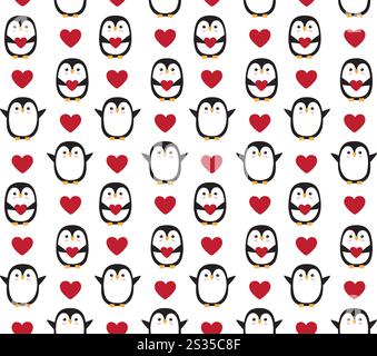 Vector seamless pattern of flat cartoon hand drawn doodle penguin with heart isolated on white background Stock Vector