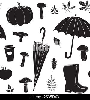 Vector seamless pattern of black hand drawn doodle sketch autumn elements isolated on white background Stock Vector