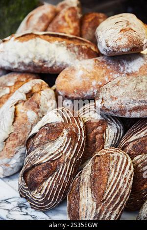 Different types of bread in a heap Stock Photo