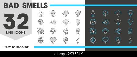 Bad smell and smoke, toxic stinky odor clouds of fart or breath, vector line icons. Bas smell and stink gas steam effects with skull and nose pictograms of toxic stench mist waves and vapor puffs Stock Vector