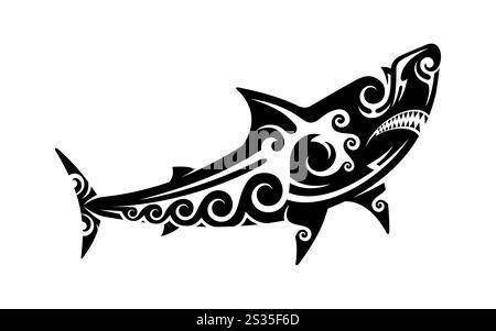 Maori warrior shark sea animal tribal tattoo. Hawaiian tribe pattern vector symbol, Polynesian Maori ethnic sea animal or New Zealand culture marine nature tattoo ornament. Samoan tribal shark print Stock Vector