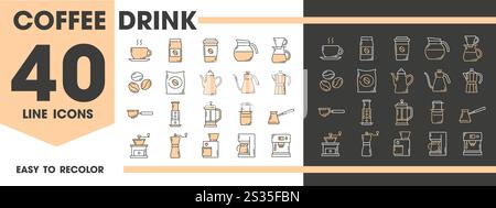 Coffee drink line icons of coffeemakers, moka pot and coffee mill, vector pictograms. Coffee drink preparation icons of beans, cappuccino, americano or espresso cup mug and drip coffee pot Stock Vector