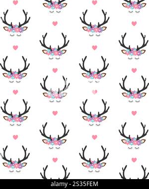 Vector seamless pattern of flat cartoon deer head with flowers and hearts isolated on white background Stock Vector