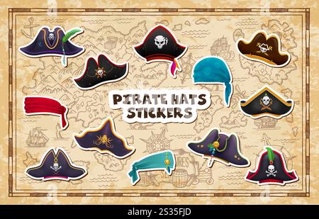 Pirate tricorn hats and bandanas stickers pack on treasure map, cartoon ...