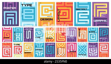 Typography book covers and labyrinth alphabet poster templates, vector layouts. Alphabet letters typography in modern abstract labyrinth and trendy ge Stock Vector