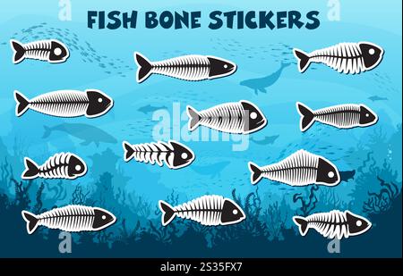 Stickers pack of fish bone skeleton silhouettes and sea underwater nature landscape vector background. Salmon, herring and bass fish skeletons with silhouettes of spine, rib, fin, tail and skull bones Stock Vector