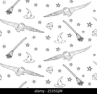 Vector seamless pattern of hand drawn doodle sketch magic owl hat and broom isolated on white background Stock Vector