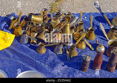 Many old copper and brass traditional Turkish coffee pots Stock Photo