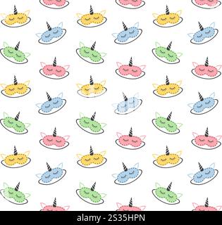 Vector seamless pattern of different color flat cartoon unicorn sleeping mask isolated on white background Stock Vector