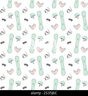 Vector seamless pattern of colored hand drawn doodle sketch snowboard equipment isolated on white background Stock Vector